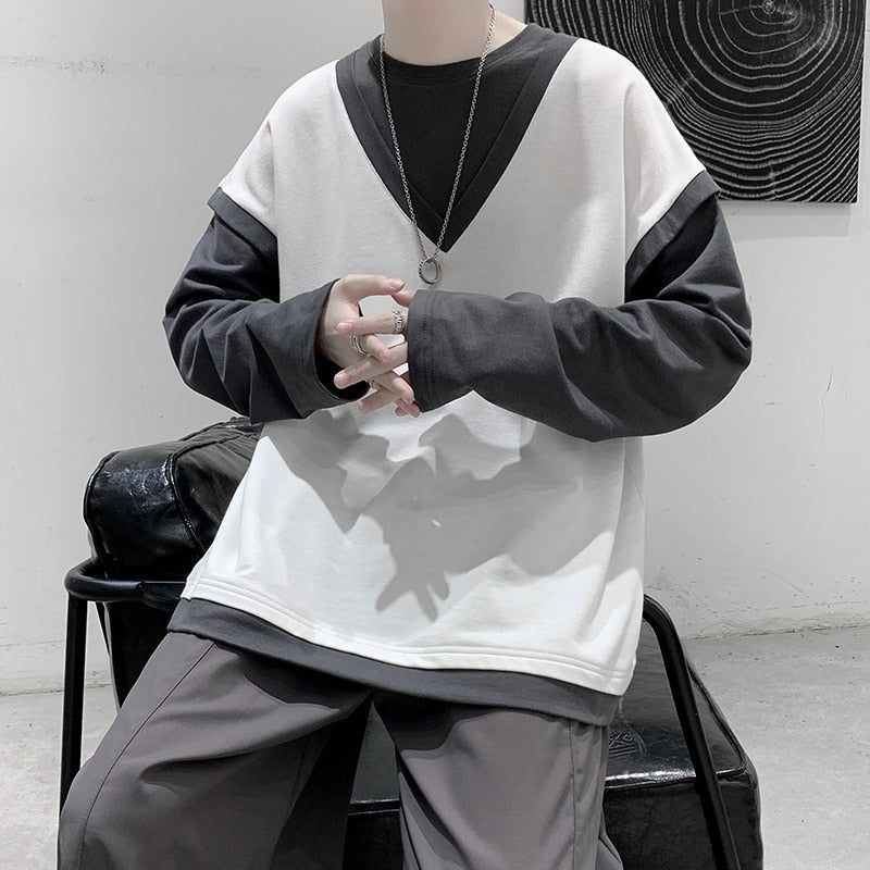 xiangtuibao Spring Cotton Hoodie Men Fashion Fake Two Piece Sweatshirt Men Streetwear Korean Loose Hip Hop Pullover Hoodies Mens Hoody M-5XL