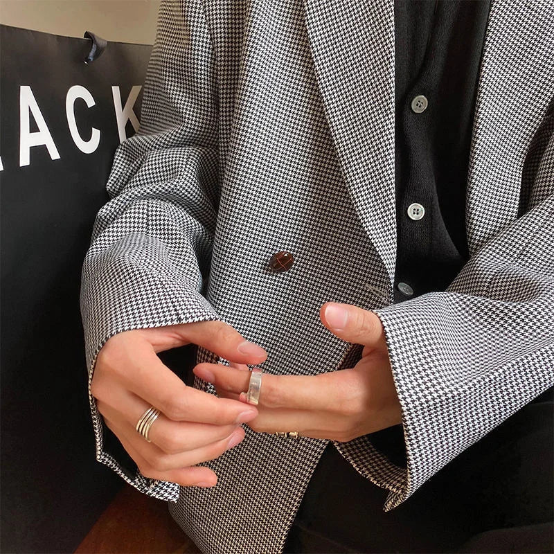 xiangtuibao - New Spring Korean Men's Suit Jacket Exquisite Double Breasted Plaid Casual Lapel Stylish Urban Blazers Masculino Y9709