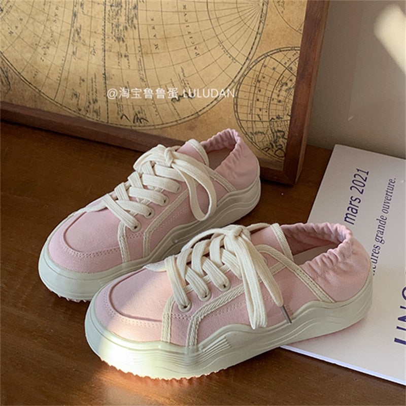 xiangtuibao Beige Casual Women's Sneakers Canvas Shoes Thick Sole Spring Autumn Lace Up Flats Sneakers Chunky Shoes Sports Female NEW