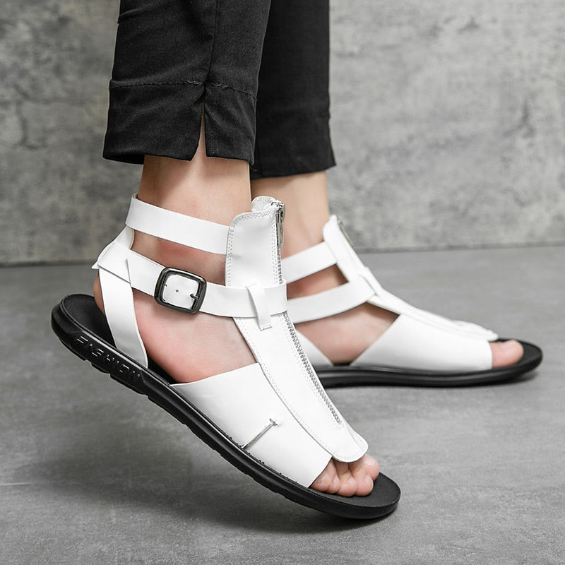 xiangtuibao Sandals for Men Black White Color Pu Leather Classics Casual Beach Designer Sandalias Double Buckle Summer Slippers Light Shoes