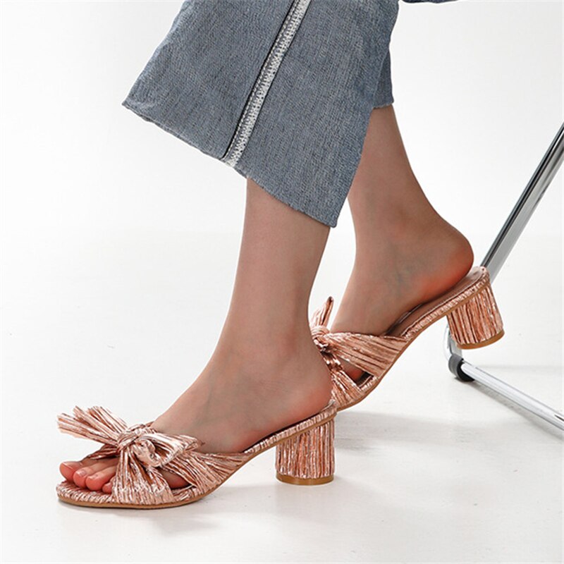 xiangtuibao Silver Women Slippers Bowknot Design Chunky High Heels Gladiator Sandals Dress Pumps Summer Outside Mules Ladies Beach Slides
