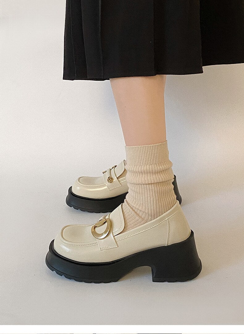 xiangtuibao Retro black round toe thick heel leather shoes for women new spring versatile British style Lefu shoes single shoes