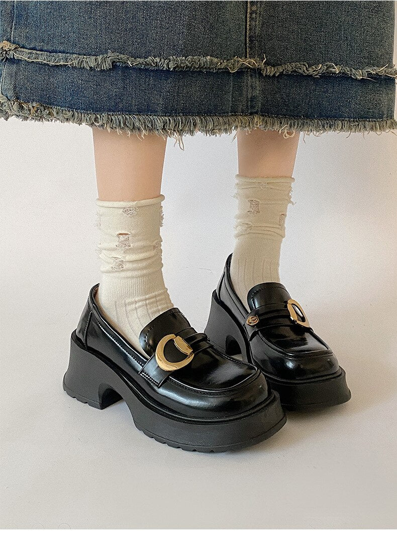 xiangtuibao Retro black round toe thick heel leather shoes for women new spring versatile British style Lefu shoes single shoes