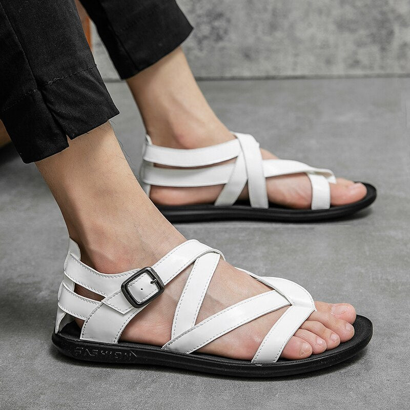 xiangtuibao Sandals for Men Black White Color Pu Leather Classics Casual Beach Designer Sandalias Double Buckle Summer Slippers Light Shoes