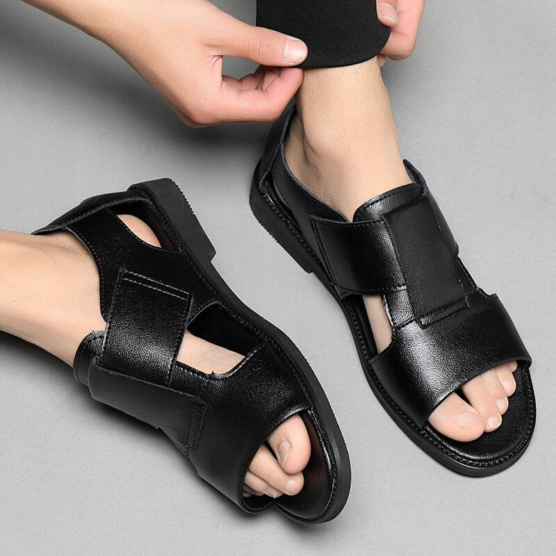 xiangtuibao Summer Genuine Leather Shoes Men Sandals Holiday Shoes Flat Cow Leather Mens Beach Sandals Male Footwear Black A4390