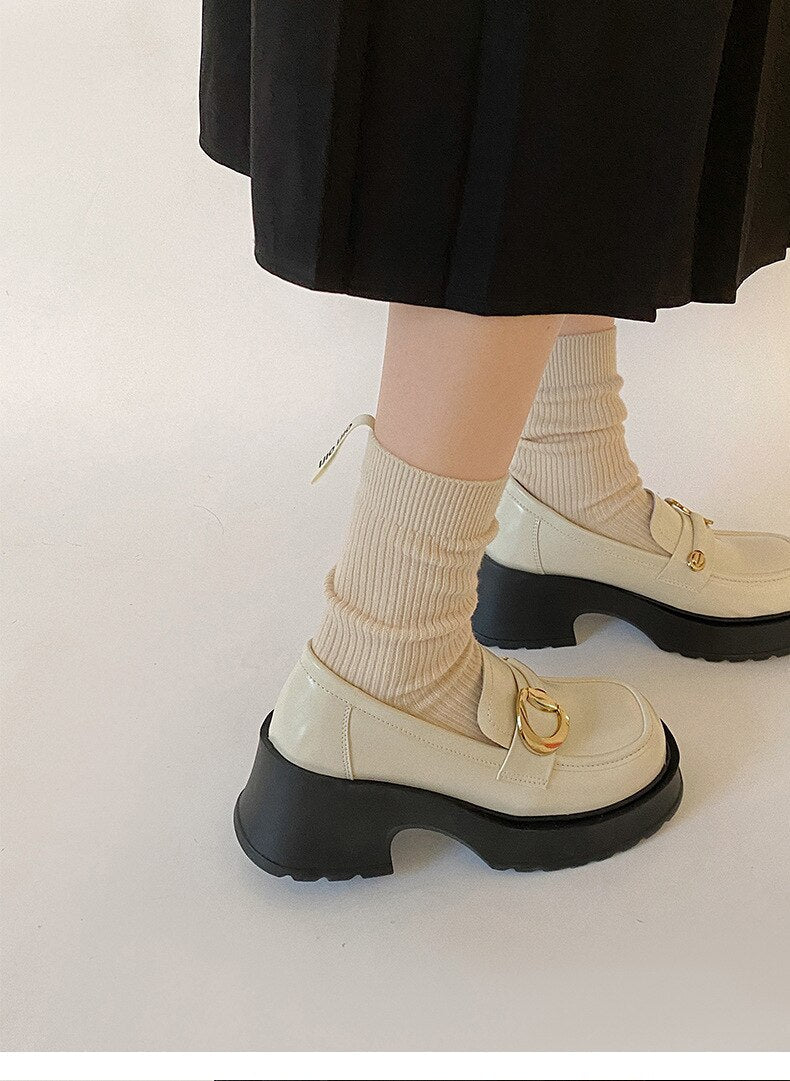 xiangtuibao Retro black round toe thick heel leather shoes for women new spring versatile British style Lefu shoes single shoes