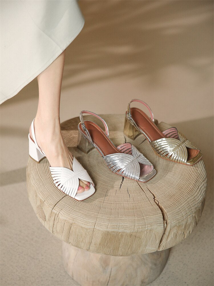 xiangtuibao NEW Summer Women Shoes Square Toe Thin Heel Women Sandals Cow Leather High Heels Solid Party Shoes Lattice Cloth Shoes for Women
