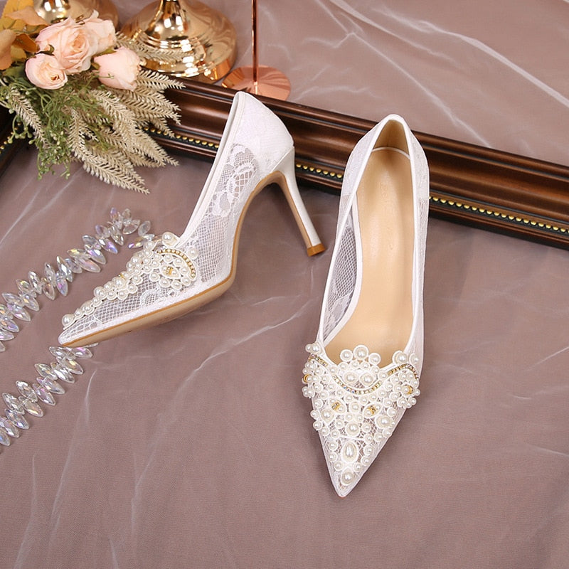 White Lace Pearl Wedding Pumps Heels Shoes for Women Crystal Luxury Pumps Elegant 9 Cm High Heels Sandals Comfy Bridal Shoe