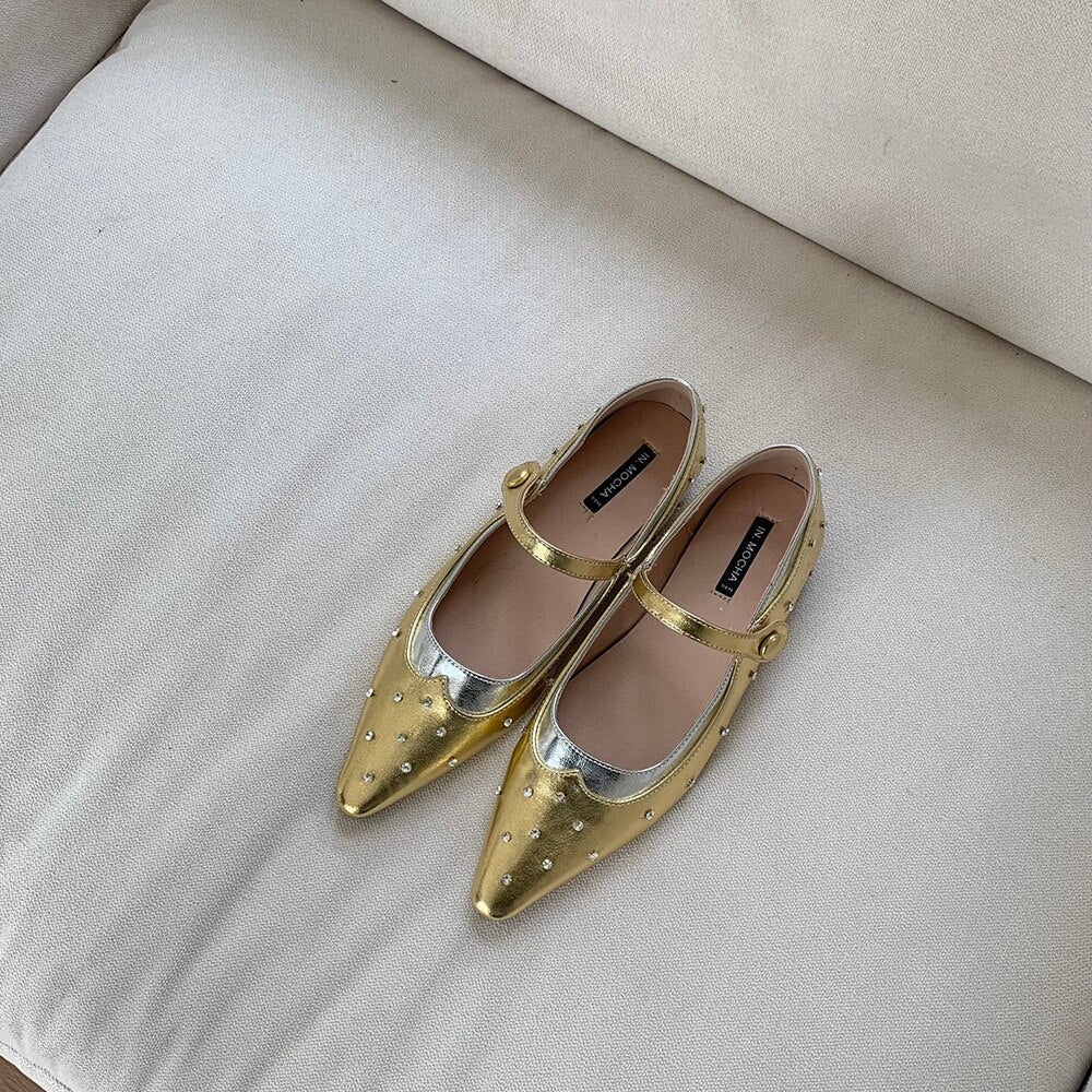 xiangtuibao Pointed Toe Women Loafers Ballet Shoes New Arrivals Autumn Spring Black Gold White Belt Buckle Flat Heels Fashion Slides