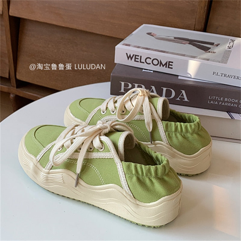 xiangtuibao Beige Casual Women's Sneakers Canvas Shoes Thick Sole Spring Autumn Lace Up Flats Sneakers Chunky Shoes Sports Female NEW