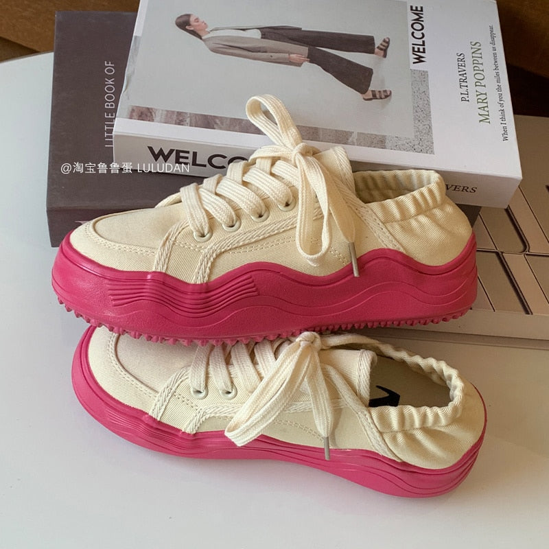 xiangtuibao Beige Casual Women's Sneakers Canvas Shoes Thick Sole Spring Autumn Lace Up Flats Sneakers Chunky Shoes Sports Female NEW