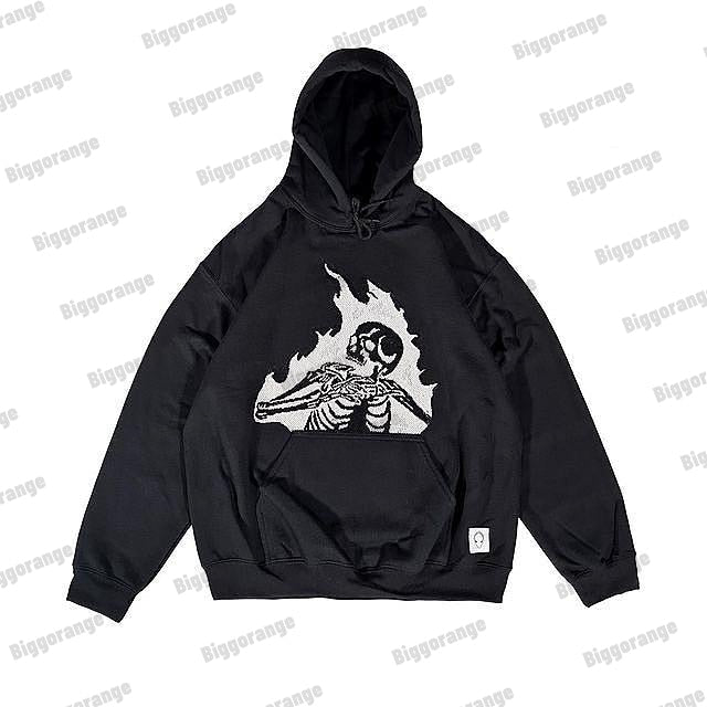 xiangtuibao Print Harajuku Street Embroidery Y2K American Retro Comic Loose Hooded Sweater Loose Autumn Trend Sweater Couple Jacket