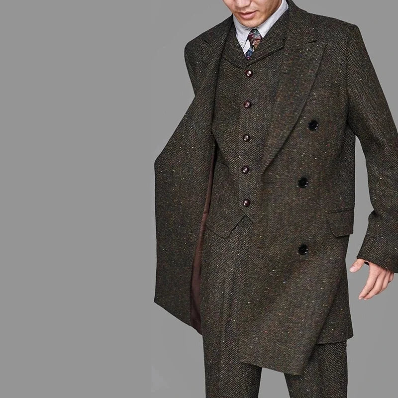 xiangtuibao Winter Herringbone Suits For Men Tailor Made Long Coat Vest Pants 3Pcs Set Formal Casual Tweed Men's Blazer Costume Homme