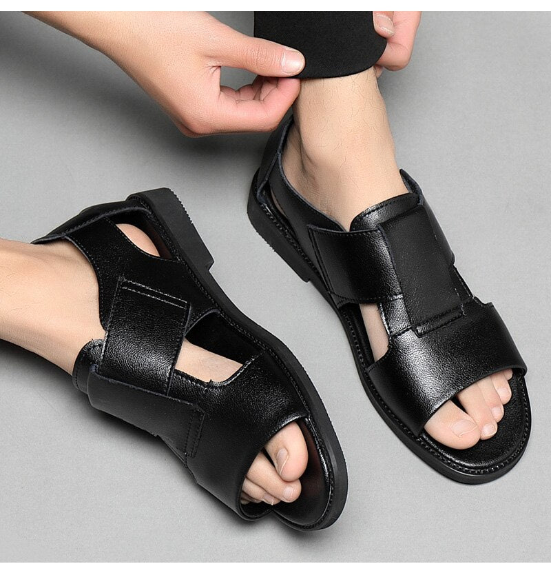 xiangtuibao Summer Genuine Leather Shoes Men Sandals Holiday Shoes Flat Cow Leather Mens Beach Sandals Male Footwear Black A4390