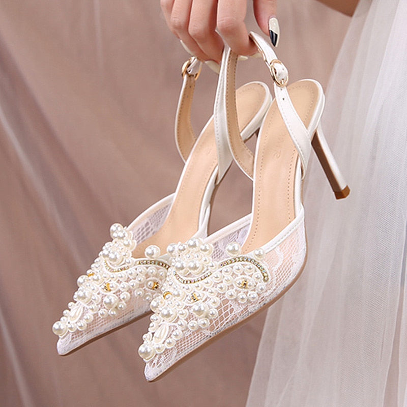 White Lace Pearl Wedding Pumps Heels Shoes for Women Crystal Luxury Pumps Elegant 9 Cm High Heels Sandals Comfy Bridal Shoe