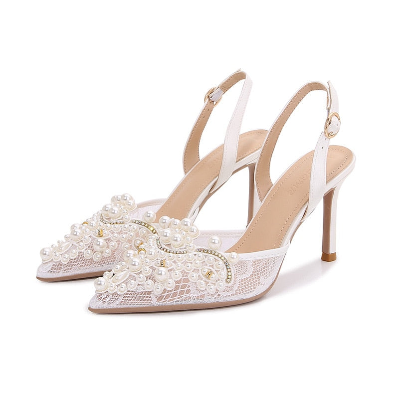 White Lace Pearl Wedding Pumps Heels Shoes for Women Crystal Luxury Pumps Elegant 9 Cm High Heels Sandals Comfy Bridal Shoe