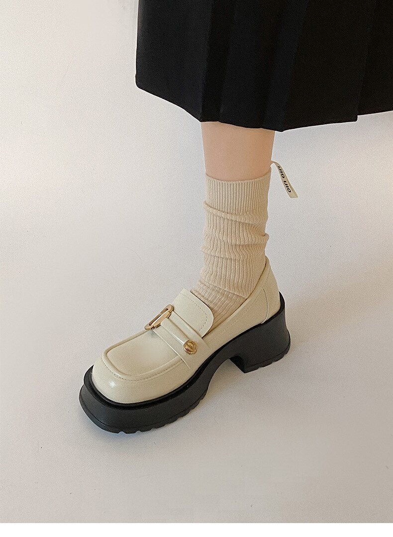 xiangtuibao Retro black round toe thick heel leather shoes for women new spring versatile British style Lefu shoes single shoes