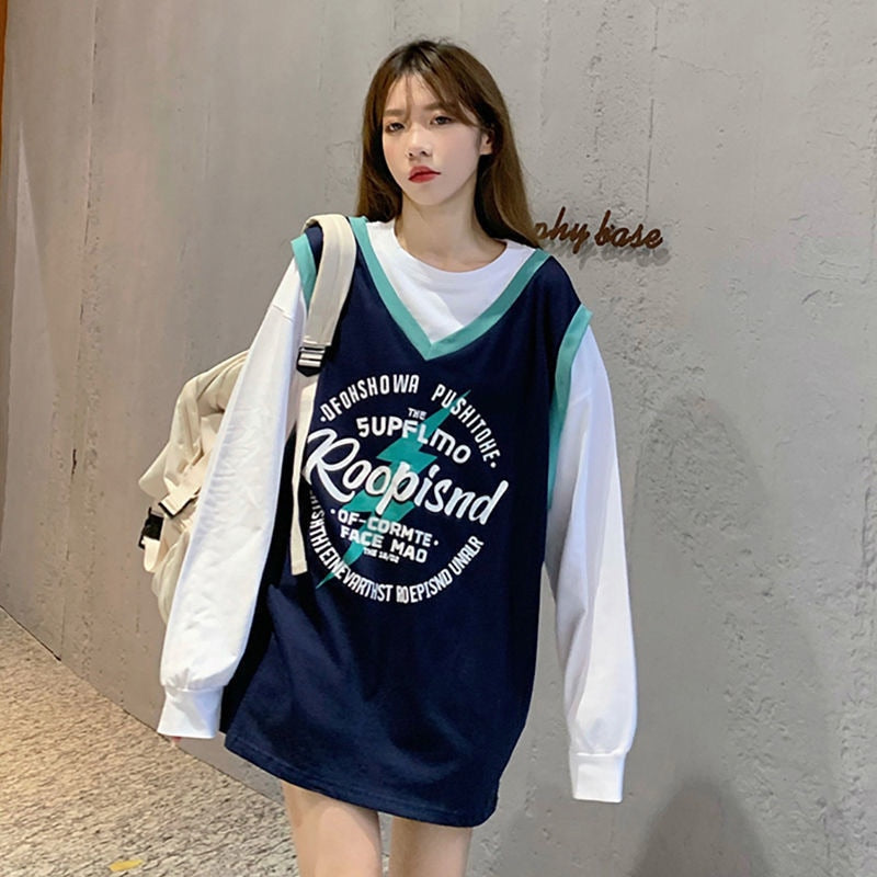 xiangtuibao Vintage American college style sweatshirt women oversized trend fried street hip-hop fake two-piece tops ins printed sweatshirt
