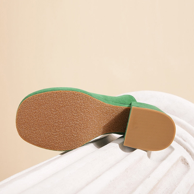 xiangtuibao Shoes Big Size Woman's Slippers Lady Heeled Mules Flock Low Slides Square heel Girl High Block Rome Basic Rubber Fabric Sca