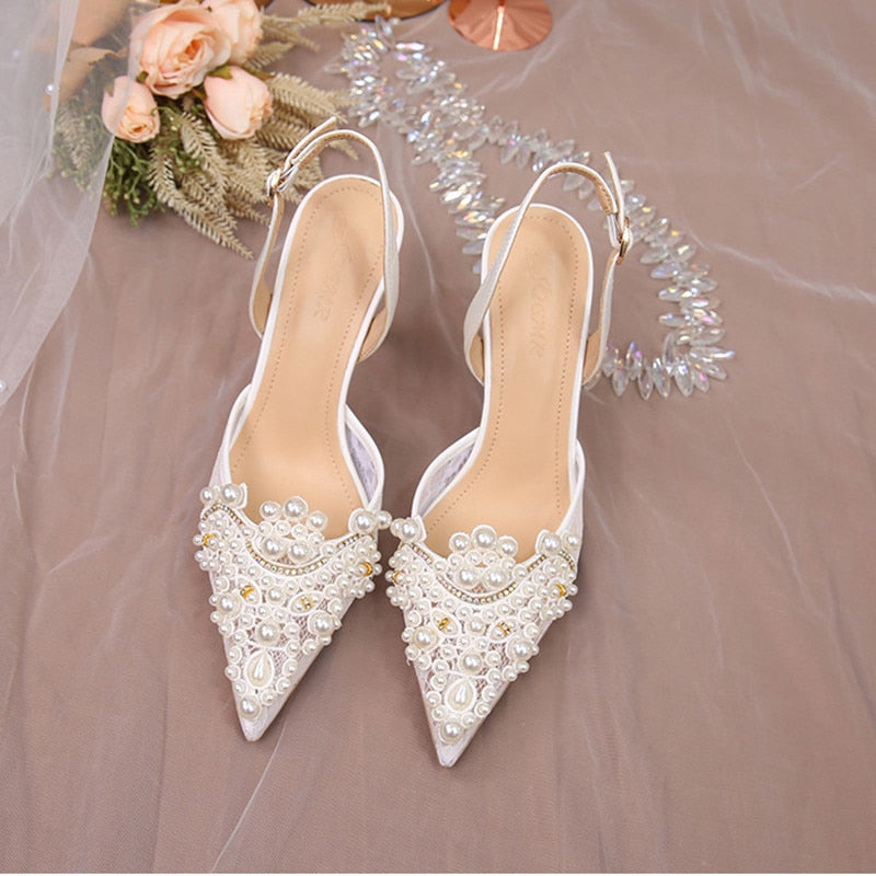 White Lace Pearl Wedding Pumps Heels Shoes for Women Crystal Luxury Pumps Elegant 9 Cm High Heels Sandals Comfy Bridal Shoe