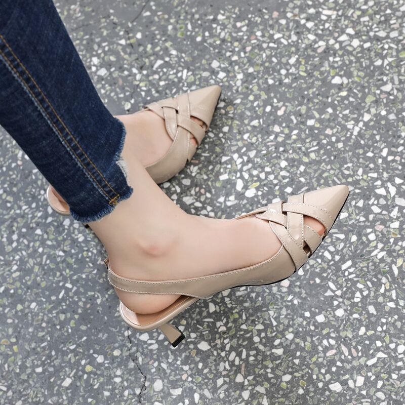 FHANCHU New Women High Heeled Sandals,Hollow out Soft Leather Summer Shoes,Ankle Strap,Pointed Toe,Beige,Apricot,Dropship