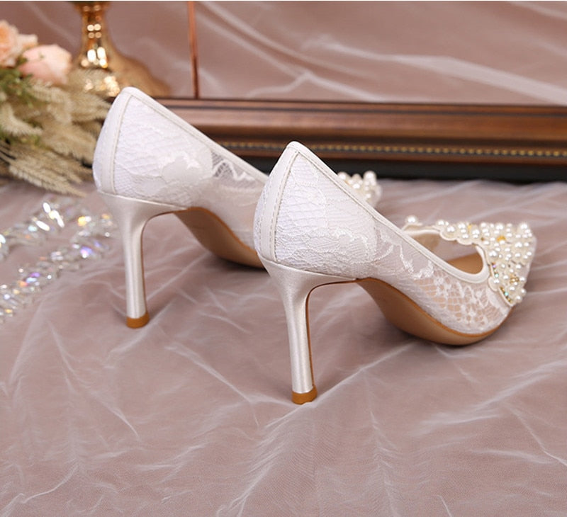 White Lace Pearl Wedding Pumps Heels Shoes for Women Crystal Luxury Pumps Elegant 9 Cm High Heels Sandals Comfy Bridal Shoe