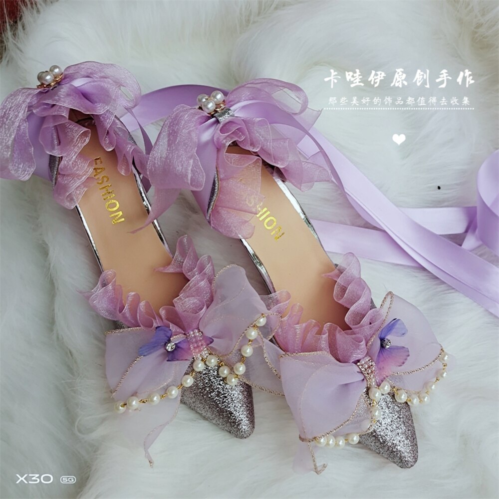 xiangtuibao Sweet Girls Summer Purple Pearl Chain Lace Big Bowknot Lolita Shoes Cute Princess Victoria Pointed Sandals Cosplay Lolita Shoes
