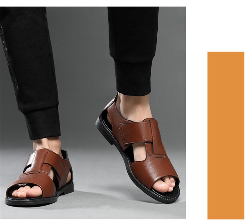 xiangtuibao Summer Genuine Leather Shoes Men Sandals Holiday Shoes Flat Cow Leather Mens Beach Sandals Male Footwear Black A4390