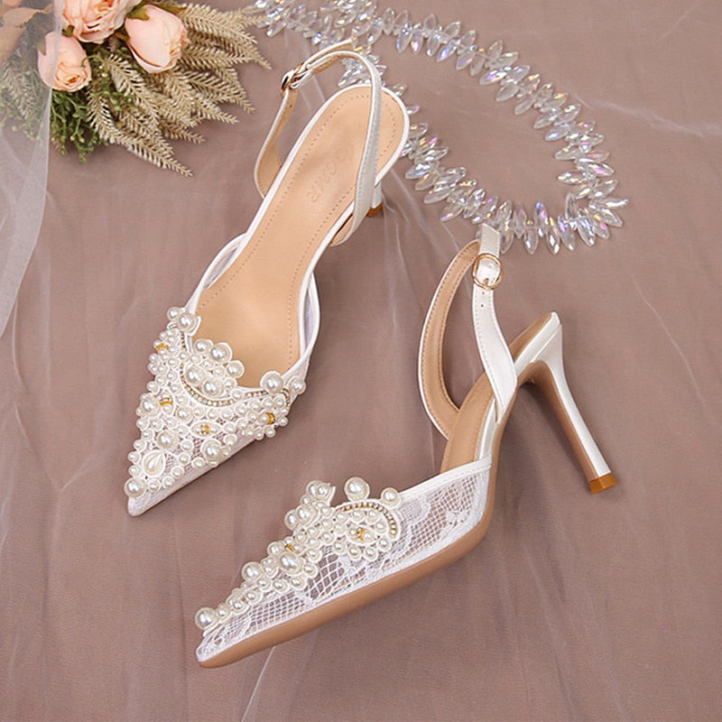 White Lace Pearl Wedding Pumps Heels Shoes for Women Crystal Luxury Pumps Elegant 9 Cm High Heels Sandals Comfy Bridal Shoe