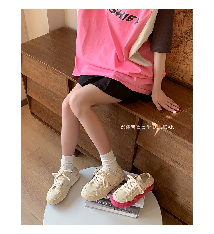 xiangtuibao Beige Casual Women's Sneakers Canvas Shoes Thick Sole Spring Autumn Lace Up Flats Sneakers Chunky Shoes Sports Female NEW
