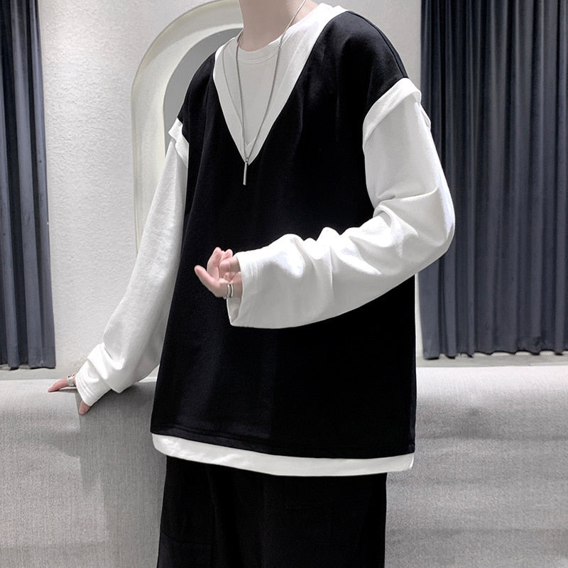 xiangtuibao Spring Cotton Hoodie Men Fashion Fake Two Piece Sweatshirt Men Streetwear Korean Loose Hip Hop Pullover Hoodies Mens Hoody M-5XL