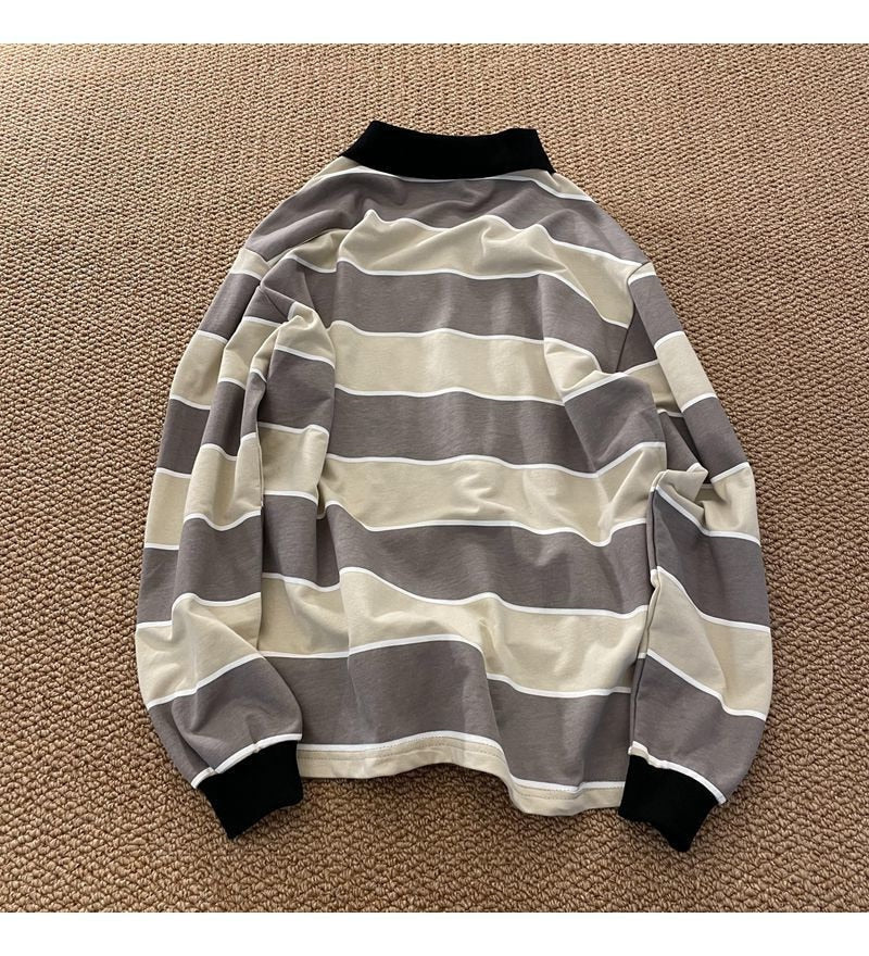xiangtuibao New Striped POLO Shirt Top Women Japan Retro Long-sleeved Men Loose Trend Couple BF Lapel Sweatshirt Hip Hop Cool Shirts