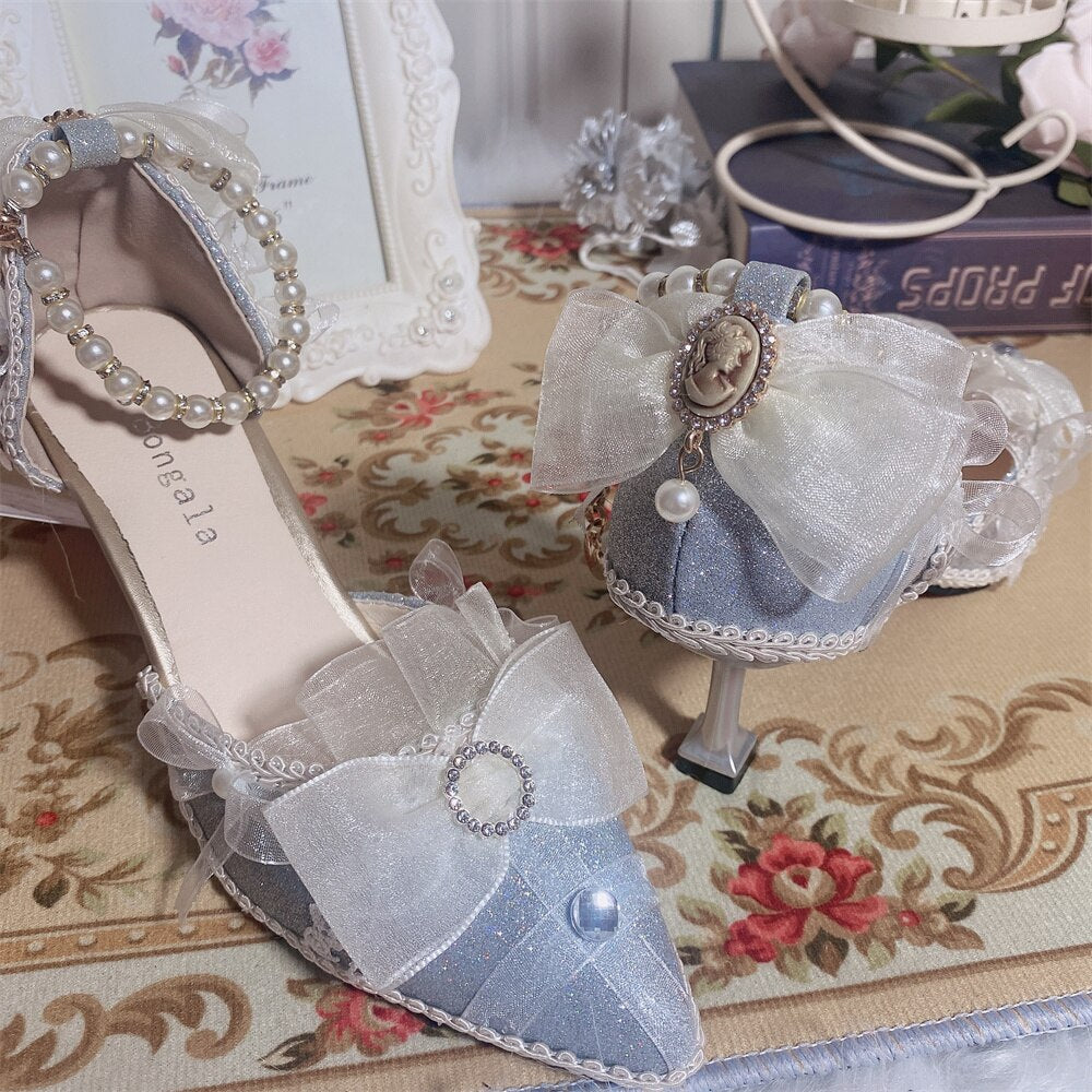 xiangtuibao Pearl Chain Sweet Lace Bowknot Elegant Princess Pointed Sandals Lolita Shoes Silver Wedding Tea Party Cosplay Lolita Shoes