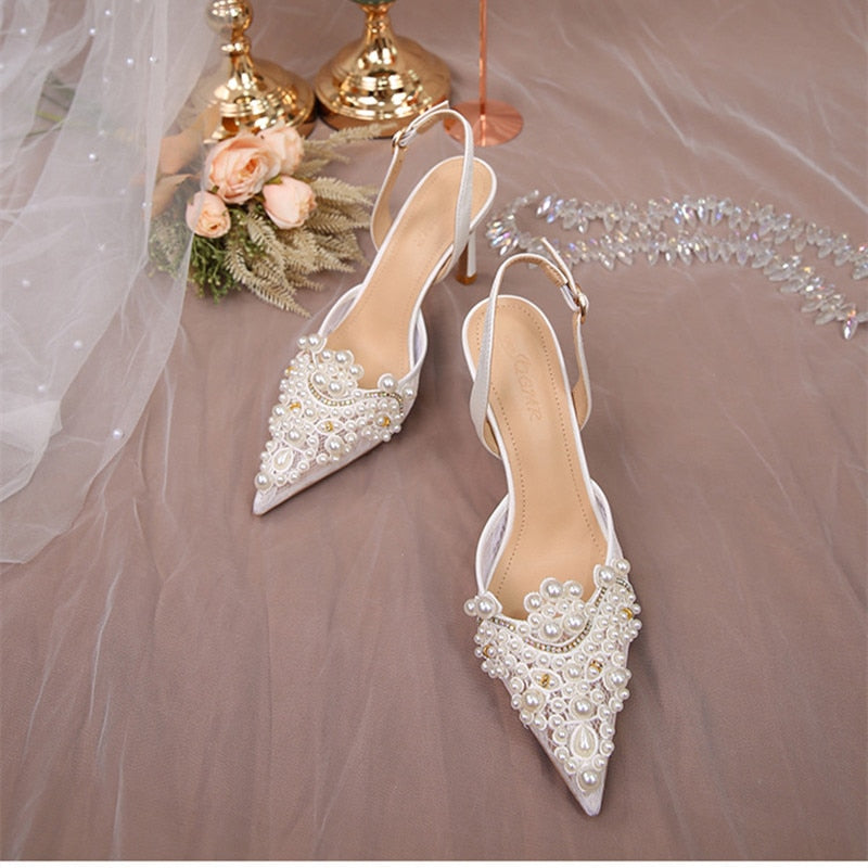 White Lace Pearl Wedding Pumps Heels Shoes for Women Crystal Luxury Pumps Elegant 9 Cm High Heels Sandals Comfy Bridal Shoe