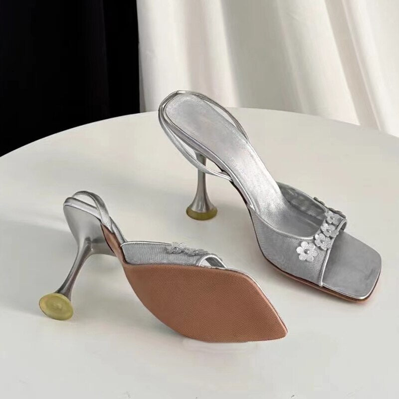 xiangtuibao Retro Design Floral Stilettos Summer New Square Head Sexy Open Toe Sandals Women's Silver Elegant Shallow Mouth Hight heels
