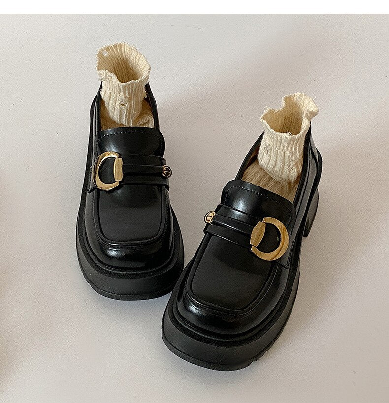 xiangtuibao Retro black round toe thick heel leather shoes for women new spring versatile British style Lefu shoes single shoes