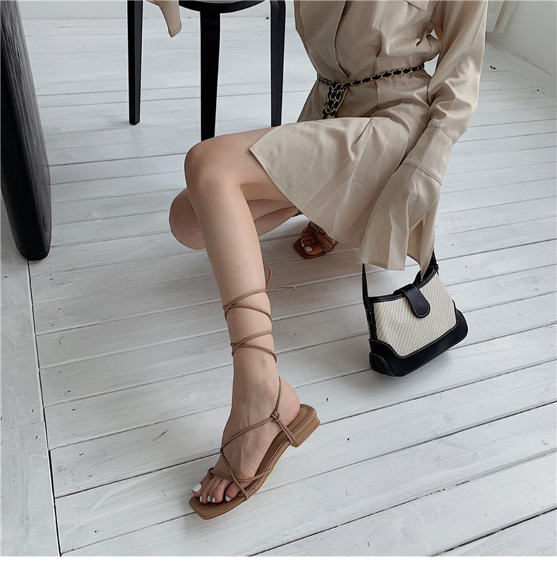 xiangtuibao Summer Women Sandal Fashion Square Toe Flats Heel Lace Up Gladiator Sandal Outdoor Dress Narrow Band Shoes