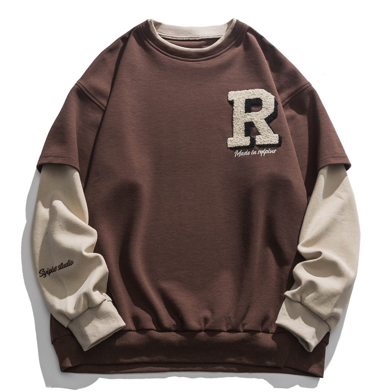 xiangtuibao Vintage Flocked Letter Fake Two Patchwork Hoodie Pullover Harajuku Sweatshirts Men Hip Hop Streetwear Loose Casual Tops