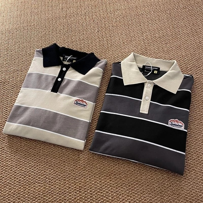 xiangtuibao New Striped POLO Shirt Top Women Japan Retro Long-sleeved Men Loose Trend Couple BF Lapel Sweatshirt Hip Hop Cool Shirts