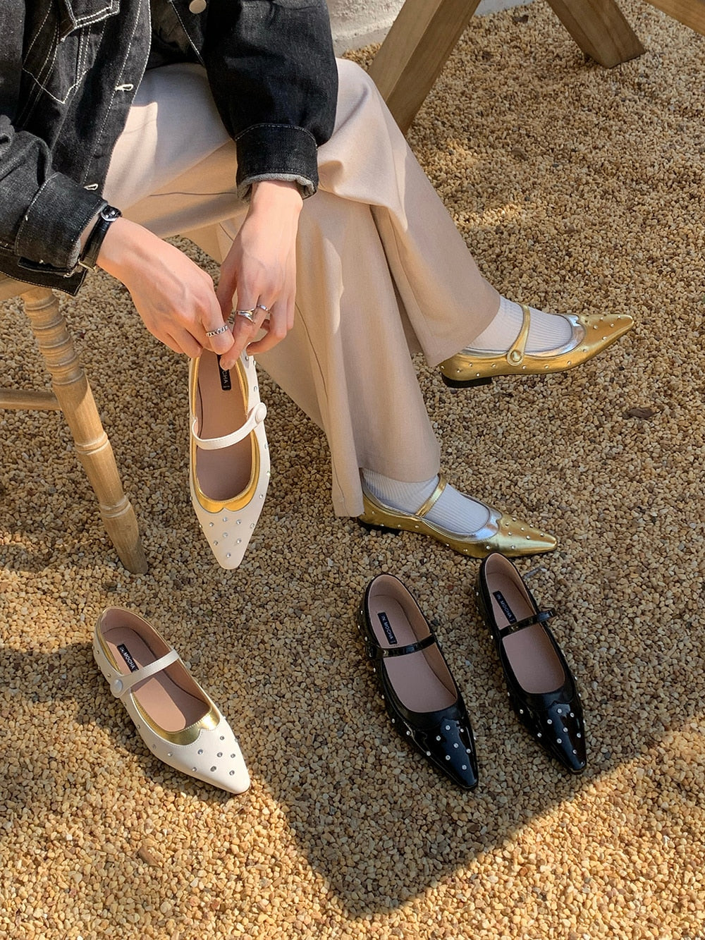 xiangtuibao Pointed Toe Women Loafers Ballet Shoes New Arrivals Autumn Spring Black Gold White Belt Buckle Flat Heels Fashion Slides