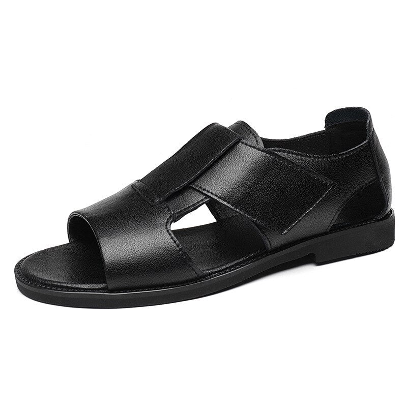 xiangtuibao Summer Genuine Leather Shoes Men Sandals Holiday Shoes Flat Cow Leather Mens Beach Sandals Male Footwear Black A4390