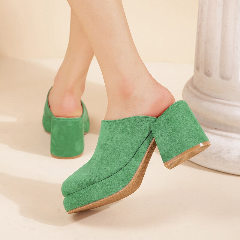 xiangtuibao Shoes Big Size Woman's Slippers Lady Heeled Mules Flock Low Slides Square heel Girl High Block Rome Basic Rubber Fabric Sca