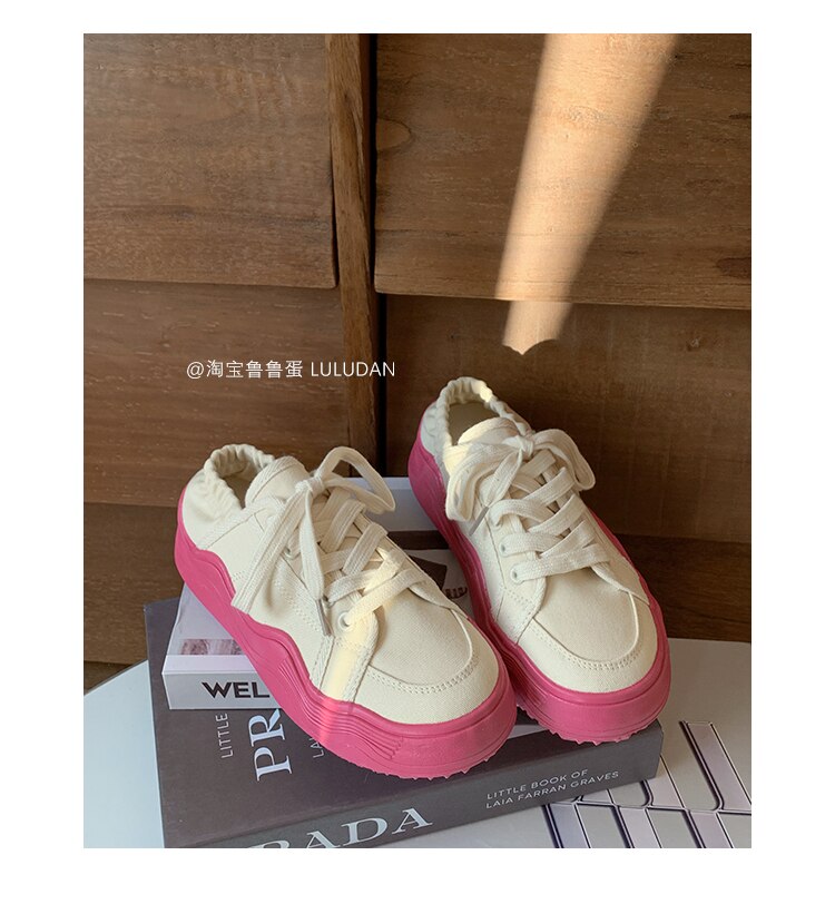 xiangtuibao Beige Casual Women's Sneakers Canvas Shoes Thick Sole Spring Autumn Lace Up Flats Sneakers Chunky Shoes Sports Female NEW