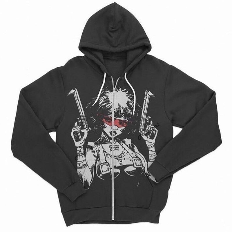 xiangtuibao-New European and American pattern printing zipper hoodie men's Y2K street trend all-match Sweatshirts couple loose cardigan