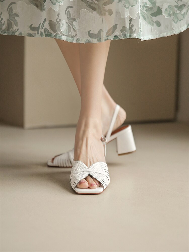 xiangtuibao NEW Summer Women Shoes Square Toe Thin Heel Women Sandals Cow Leather High Heels Solid Party Shoes Lattice Cloth Shoes for Women