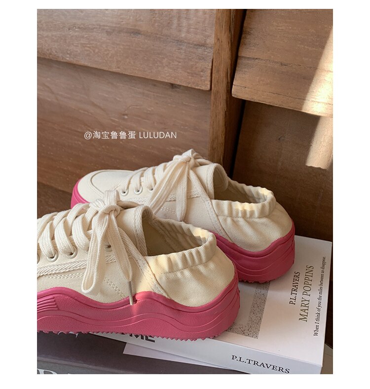 xiangtuibao Beige Casual Women's Sneakers Canvas Shoes Thick Sole Spring Autumn Lace Up Flats Sneakers Chunky Shoes Sports Female NEW