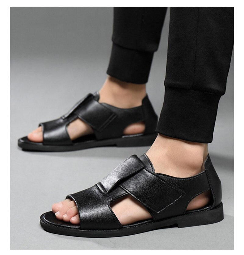 xiangtuibao Summer Genuine Leather Shoes Men Sandals Holiday Shoes Flat Cow Leather Mens Beach Sandals Male Footwear Black A4390