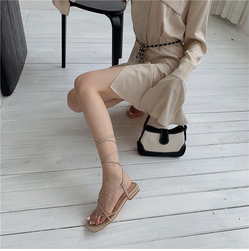 xiangtuibao Summer Women Sandal Fashion Square Toe Flats Heel Lace Up Gladiator Sandal Outdoor Dress Narrow Band Shoes