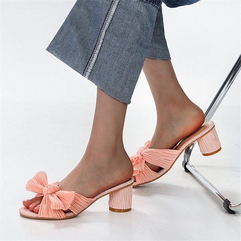 xiangtuibao Silver Women Slippers Bowknot Design Chunky High Heels Gladiator Sandals Dress Pumps Summer Outside Mules Ladies Beach Slides