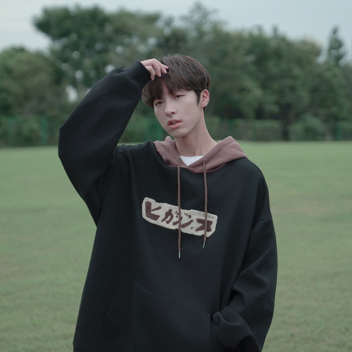 xiangtuibao Spring New Hoodie Color Bump Hooded Kangaroo Hood Pullover Black Coat
